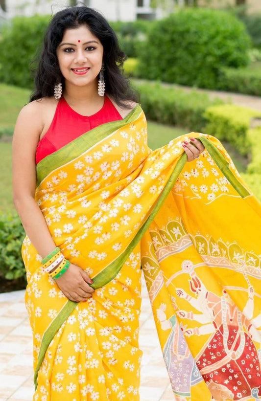 Yellow Color Linen Digital Print Office Wear Saree - Ibis Fab