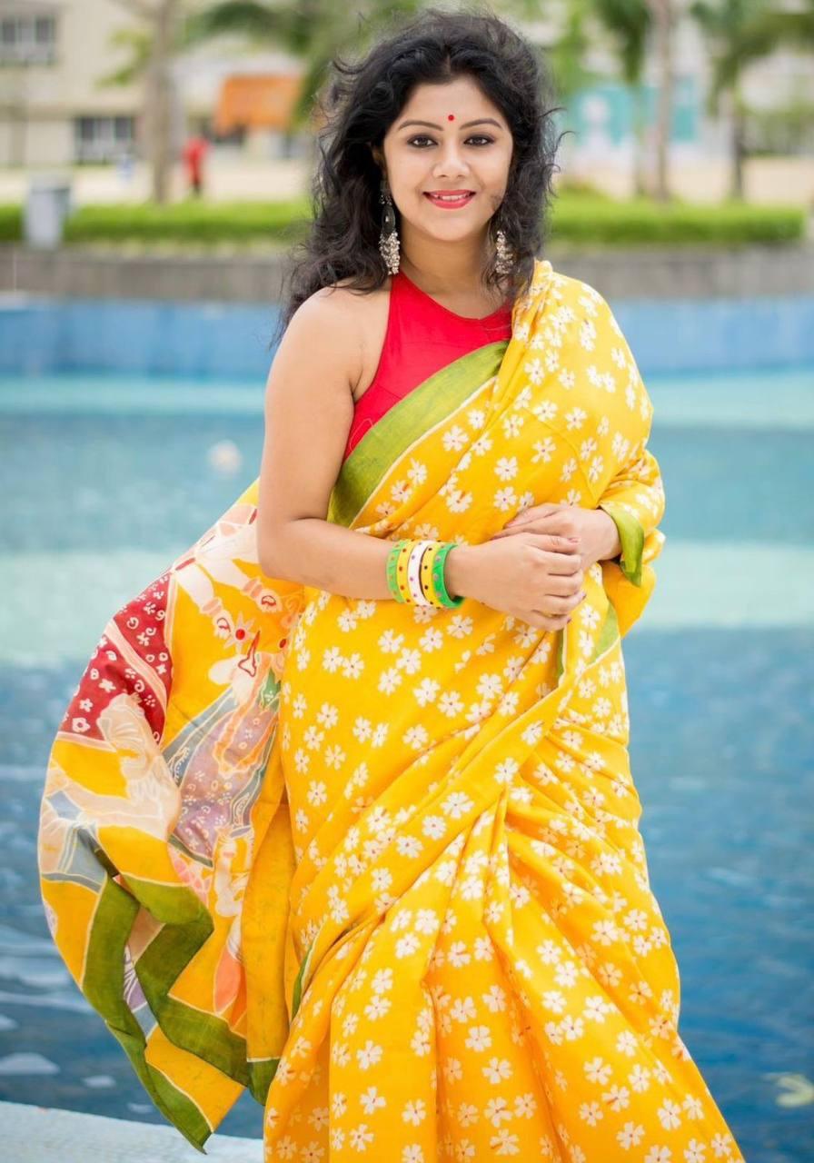 Yellow Color Linen Digital Print Office Wear Saree - Ibis Fab