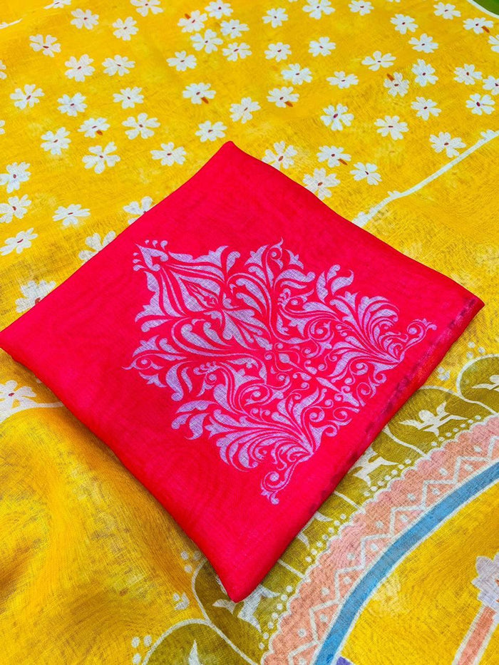 Yellow Color Linen Digital Print Office Wear Saree
