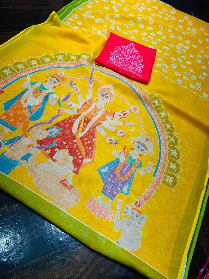 Yellow Color Linen Digital Print Office Wear Saree