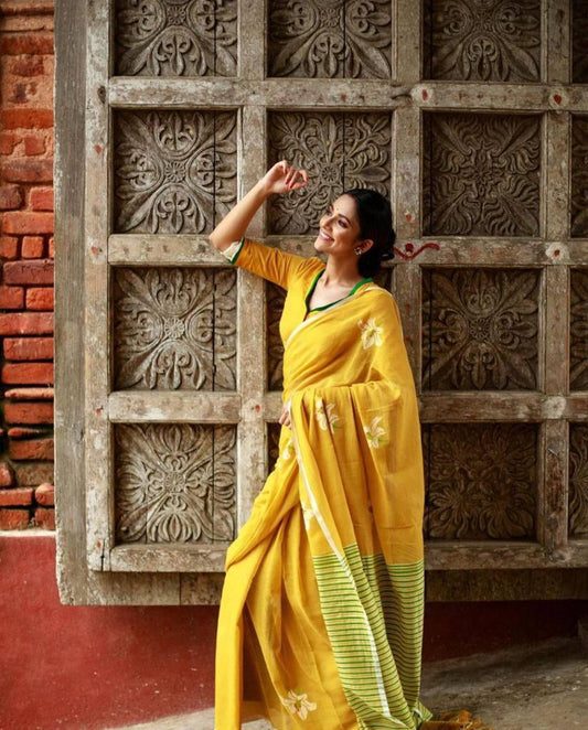 Yellow Digital Printed Linen Saree - Ibis Fab