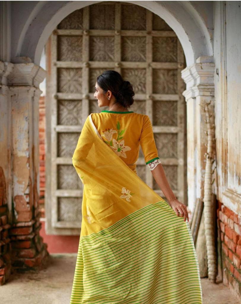 Yellow Digital Printed Linen Saree - Ibis Fab