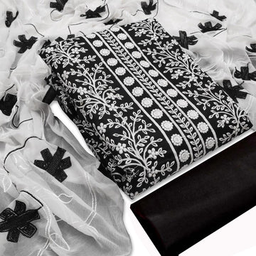 Traditional Black Pure Cotton Embroidery Work Salwar Suit Material With Dupatta(Unstitched)