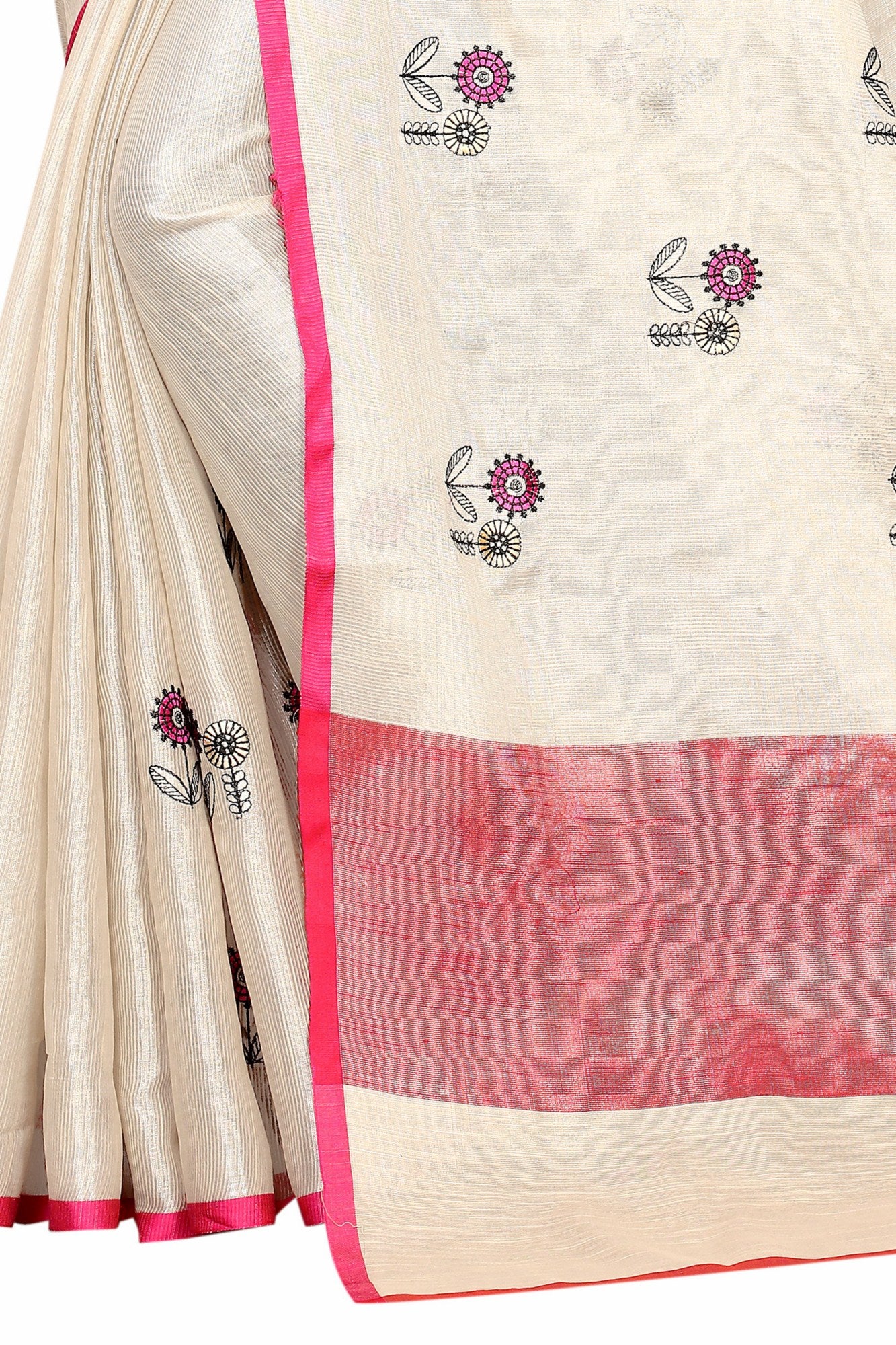 Demanding Cream And Red Colored Casual Pure Linen Saree