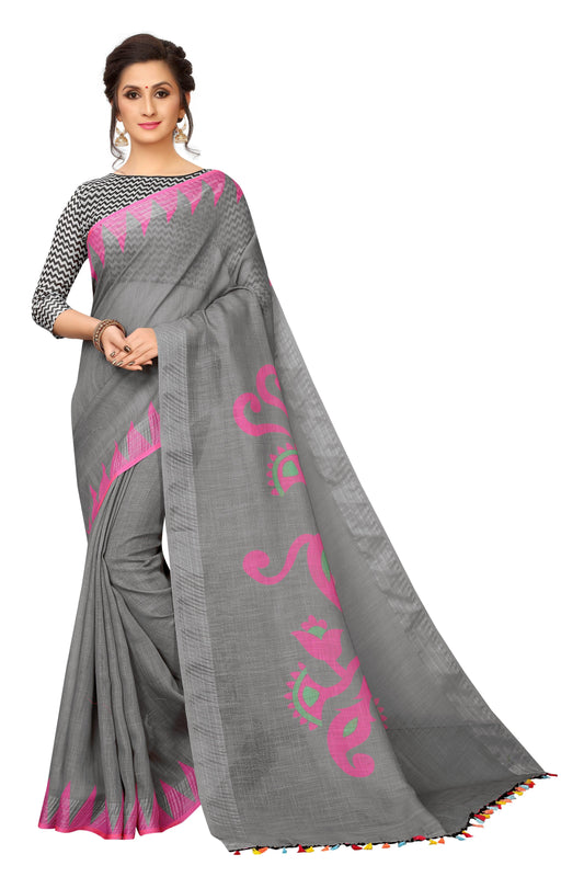 Pure linen saree grey, fabulously stitched - Ibis Fab
