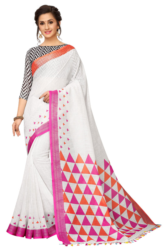 Demanding White Colored Printed Pure Linen Saree - Ibis Fab