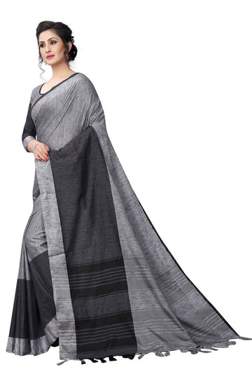 Lovely Latest Designer Black And Dark  Grey Colored Pure Linen Saree