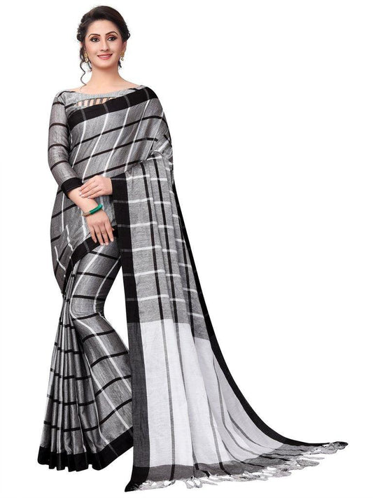 Grey Color Pure Linen Designer Saree - Ibis Fab