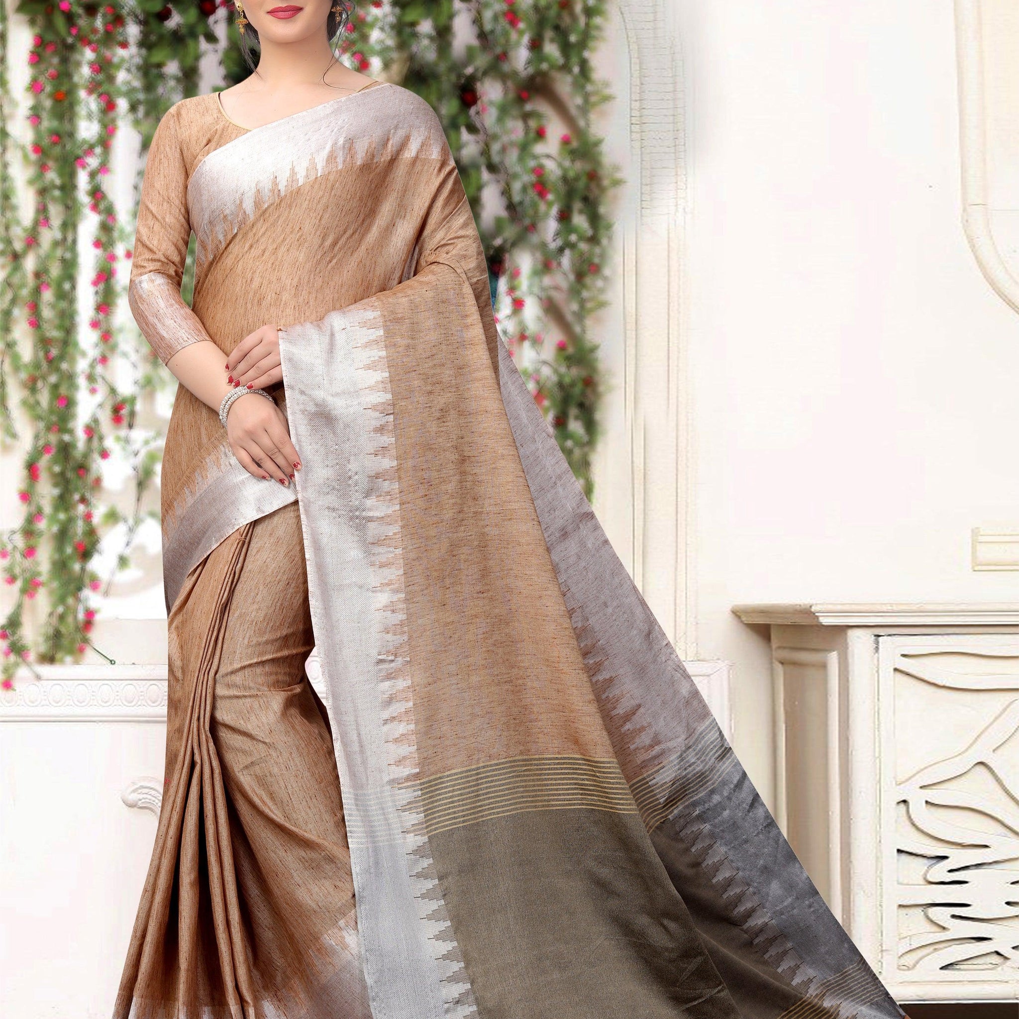 Stunning Beige Pure Linen Designer Saree