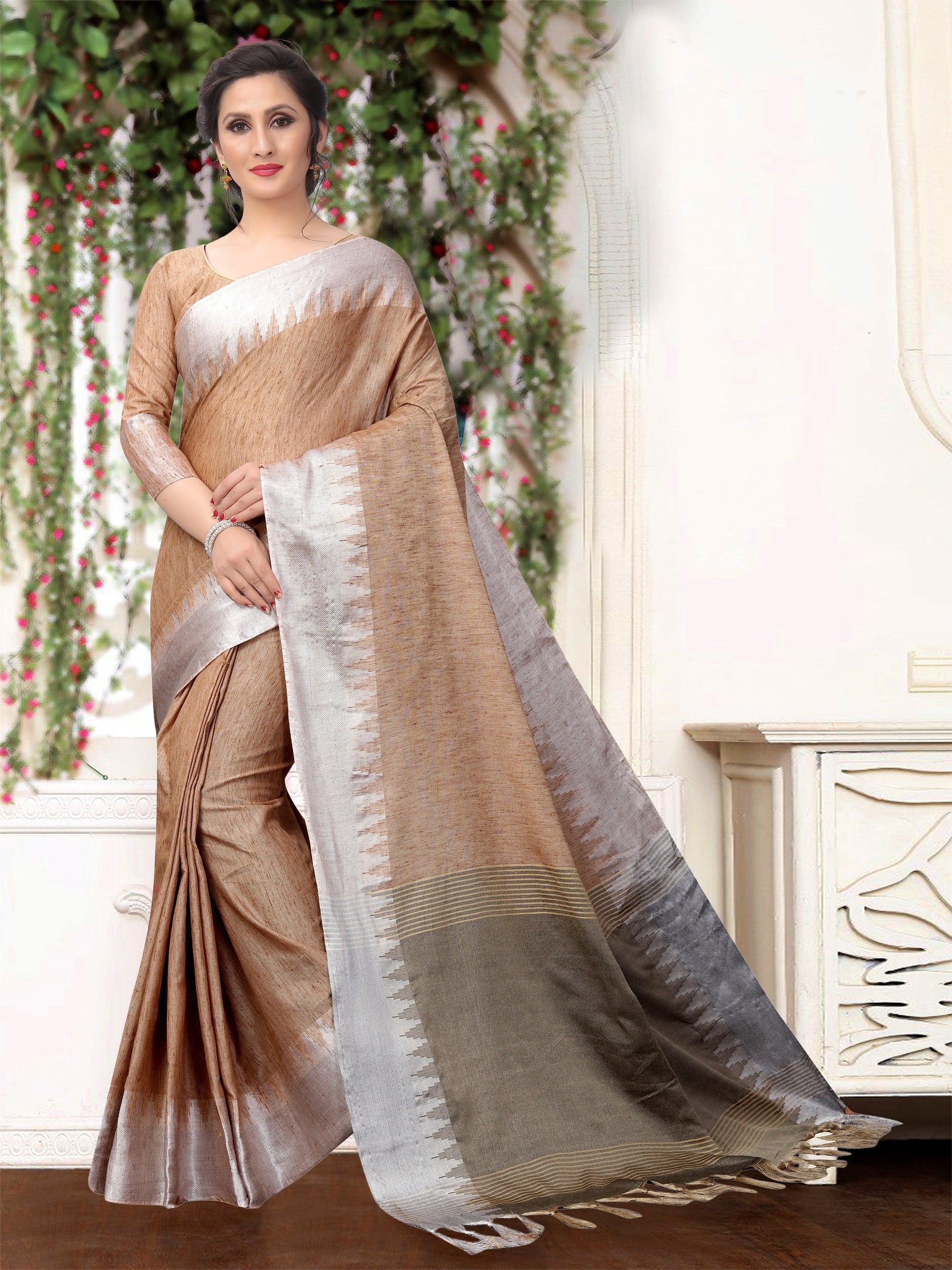 Stunning Beige Pure Linen Designer Saree - Ibis Fab