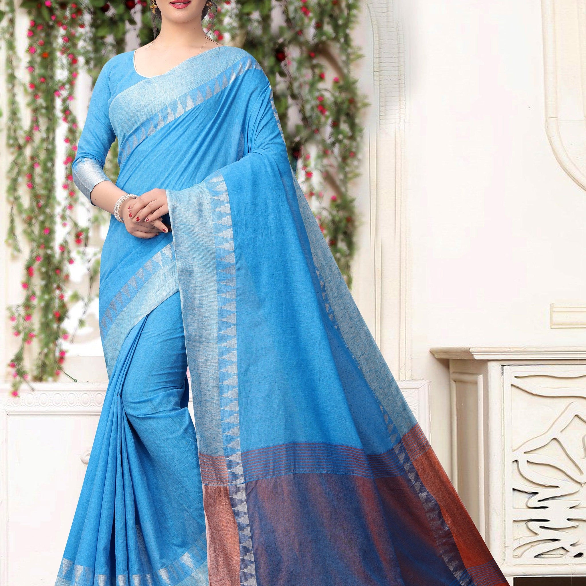demanding Light Blue Pure Linen Designer Saree