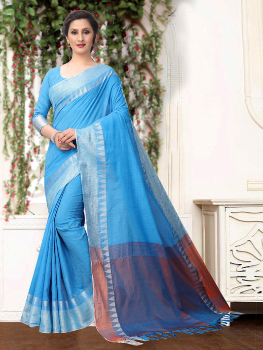 demanding Light Blue Pure Linen Designer Saree - Ibis Fab
