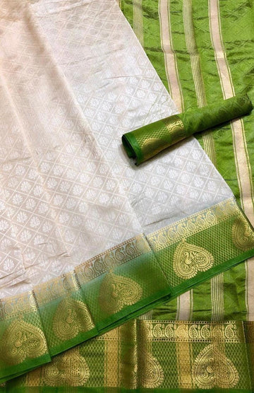Amazing White And Green Colored Kanjivaram Tussar Silk Saree