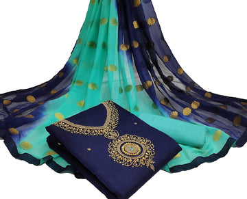 Surpassing Navy Blue And Rama Green Colour Chanderi Cotton Embellished, Solid Salwar Suit Material  (Unstitched)
