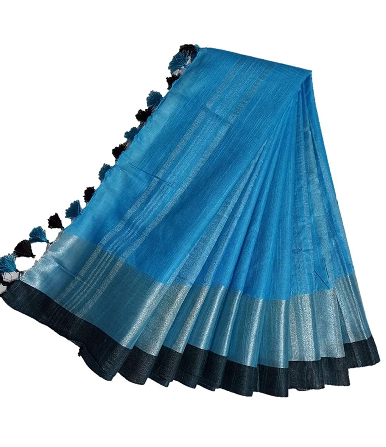 Linen saree light blue and black, shining printed wear - Ibis Fab