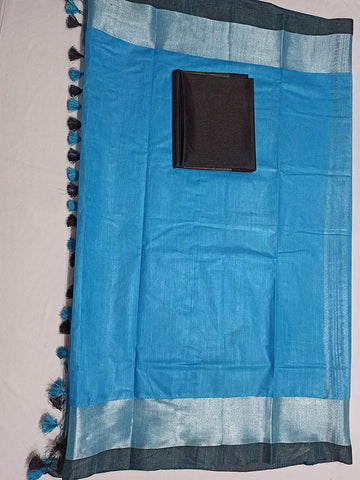 Linen saree  light blue  and black, shining printed wear