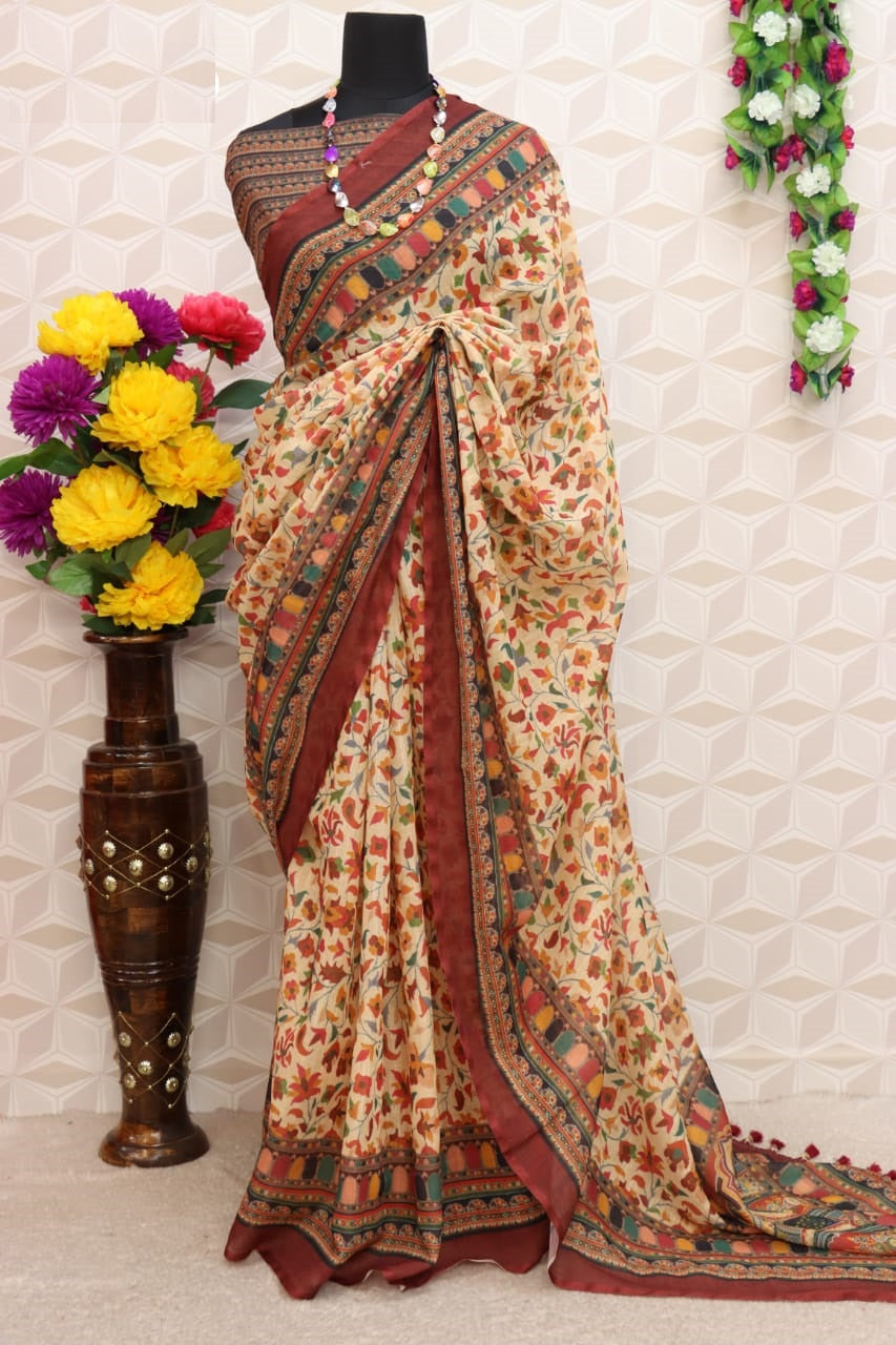 pure silk Classy Brown and beige Colour Saree, Shining Party Wear