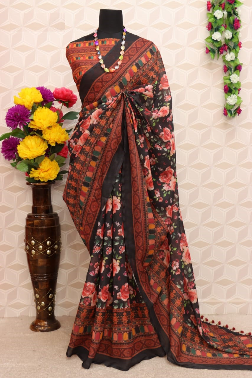 pure silk Classy Black and Brown Colour Saree, Shining Party Wear