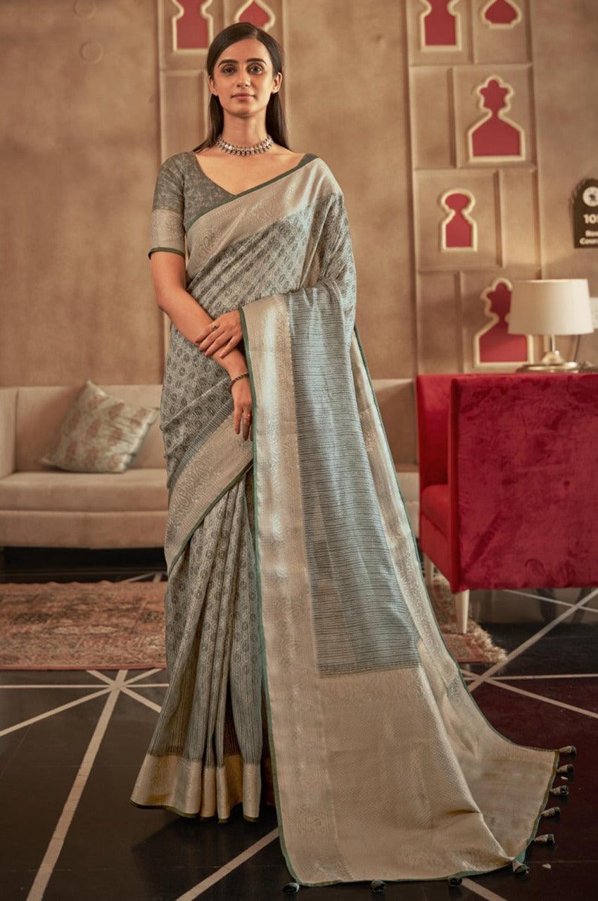 Grey Zari Woven Saree With Tussar Silk Blouse 5026SR04