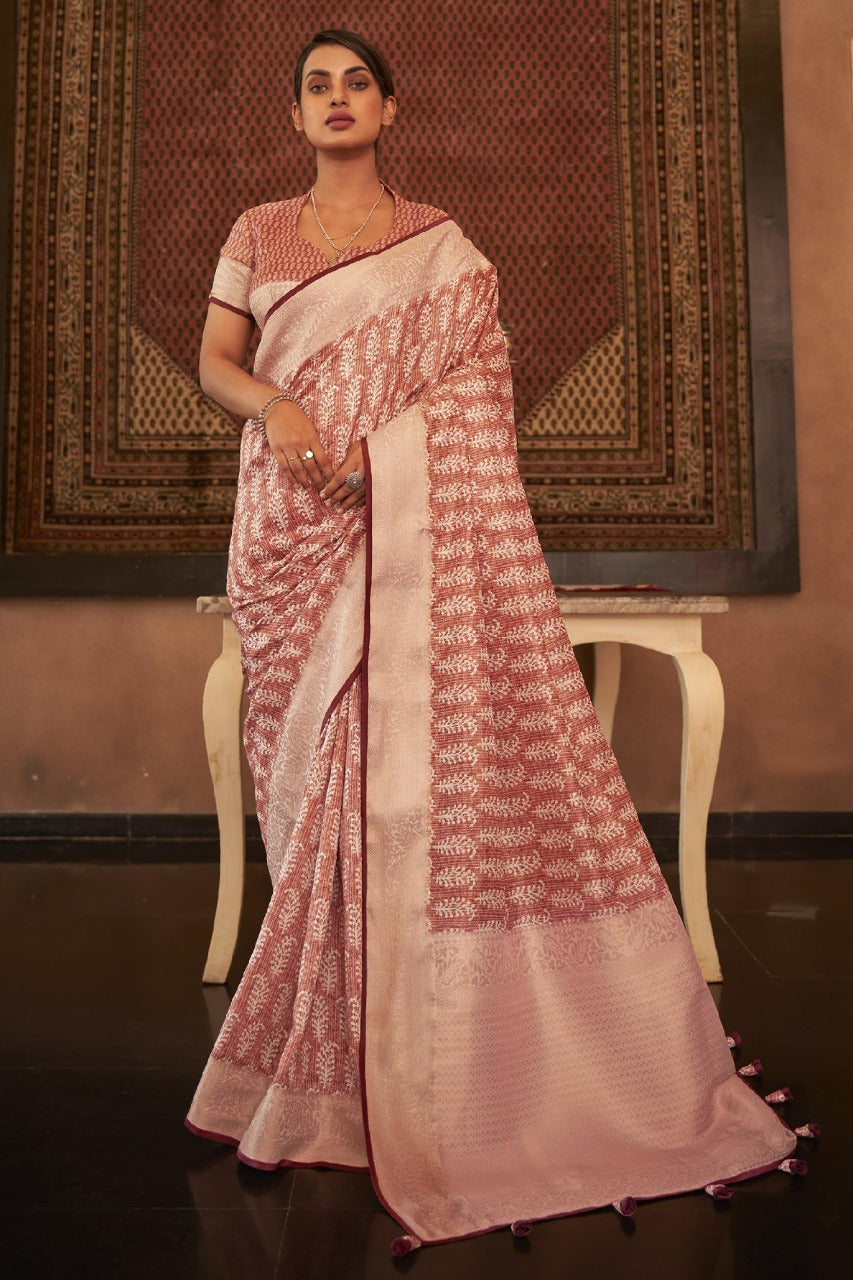 Adorable Silk Classy Rose Gold Color Saree, Shining Party Wear