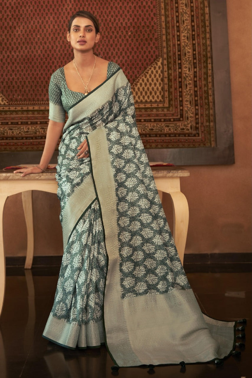 Adorable Silk Classy Viridian Color Saree, Shining Party Wear
