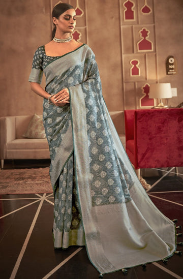 Beautiful Silk Classy Silver And grey Color Saree, Shining Party Wear