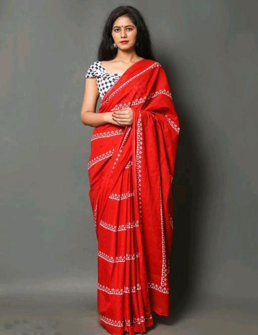 Red Printed Pure Linen Saree, Party Wear