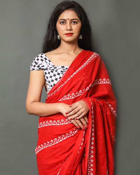 Red Printed Pure Linen Saree, Party Wear