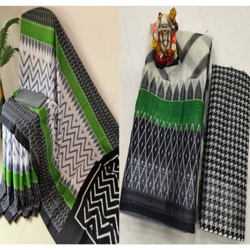 Printed Ikkat, Pure Linen Saree With Blouse