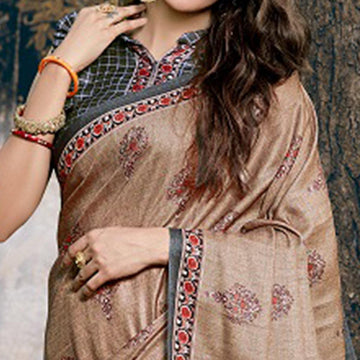 Festive Wear, Soft Silk Printed Beige Saree