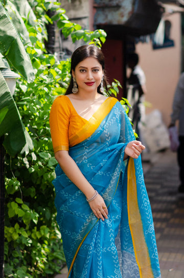 Beautifully Crafted printed Blue Saree By Linen cloth.