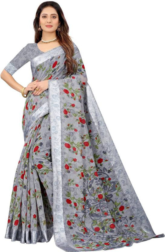 Floral Print Daily Wear Linen Saree