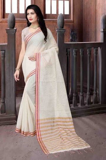 Printed Lining Border Plan Off White Color Linen Saree