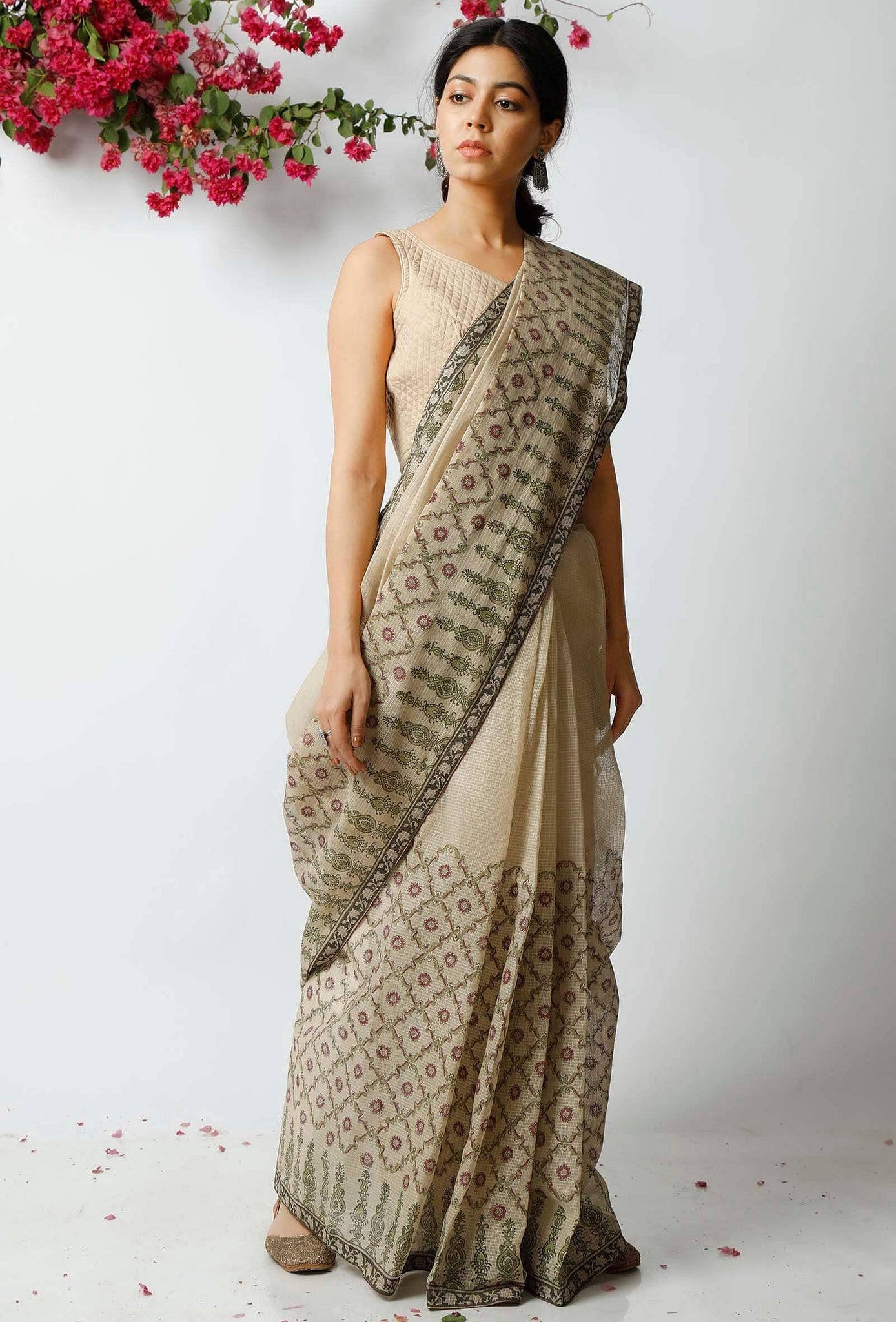 Printed Daily Wear Beige Color, Pure Linen Saree