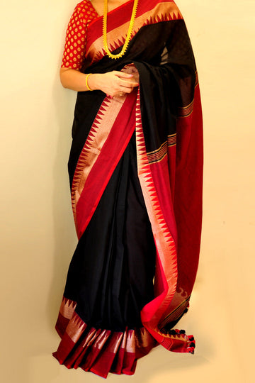Black & Red Colored Soft Silk Printed Saree With Blouse
