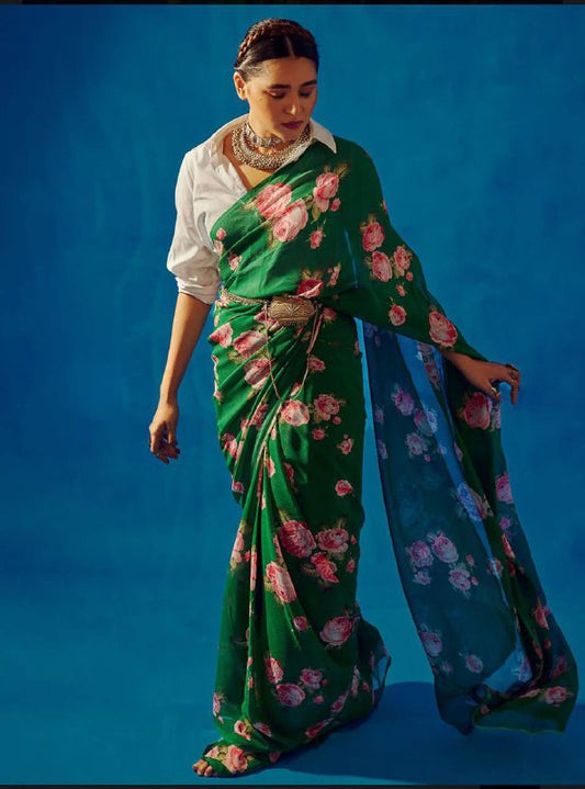 Pure linen saree green, traditional festive wear