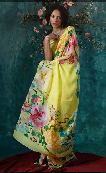 Pure linen saree in yellow, awesome festive wear