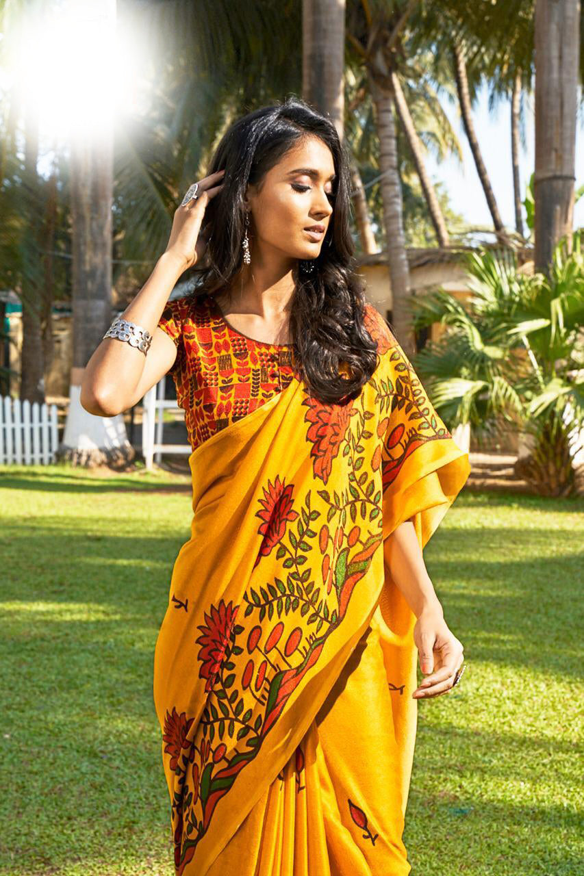 Captivating Yellow Colored Festive Wear Checks Print Pure Linen Saree