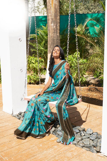 Energetic Sky Blue Colored Partywear Pure Linen Saree