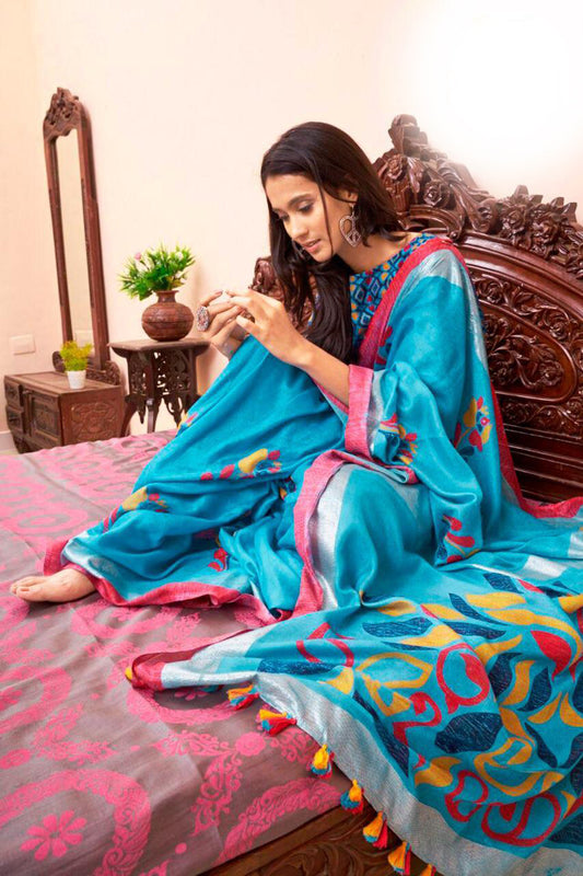 Captivating light Blue Colored Casual Wear Printed Linen Saree - Ibis Fab