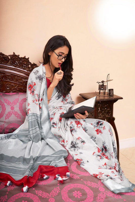 Demanding White Colored Casual Printed Linen Saree - Ibis Fab
