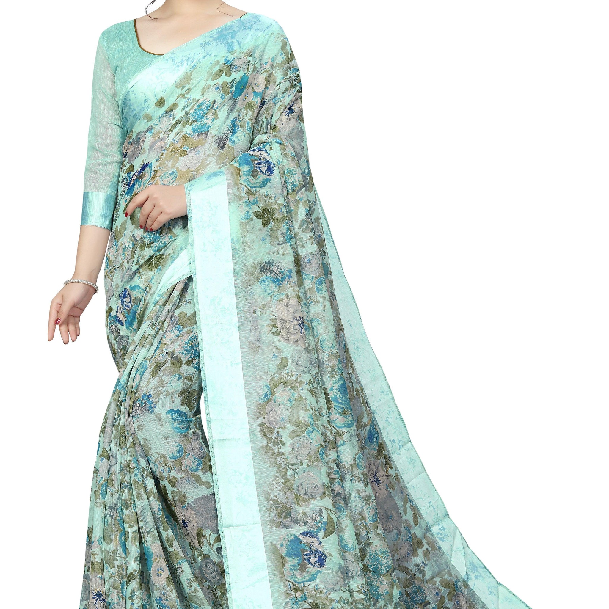 Elegant mint Pure  Linen Designer Saree