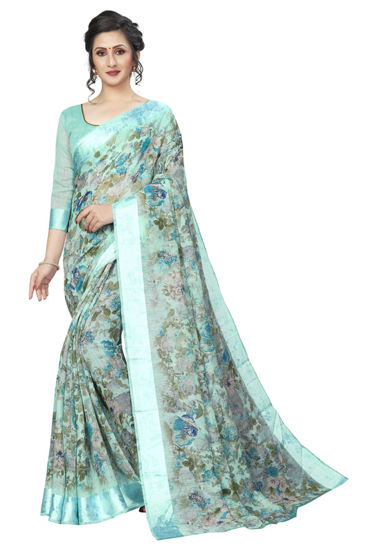 Elegant mint Pure Linen Designer Saree - Ibis Fab
