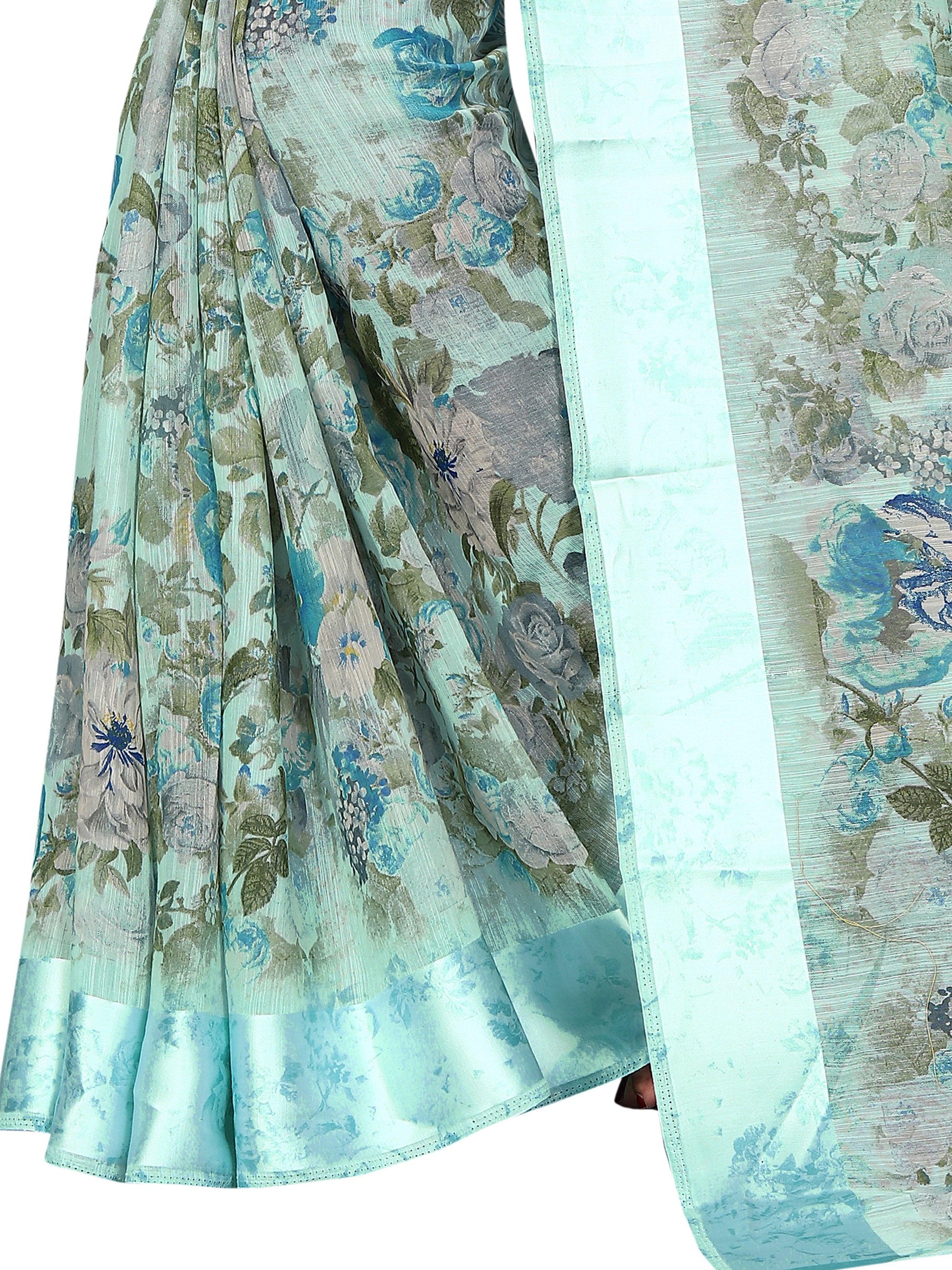 Elegant mint Pure Linen Designer Saree - Ibis Fab