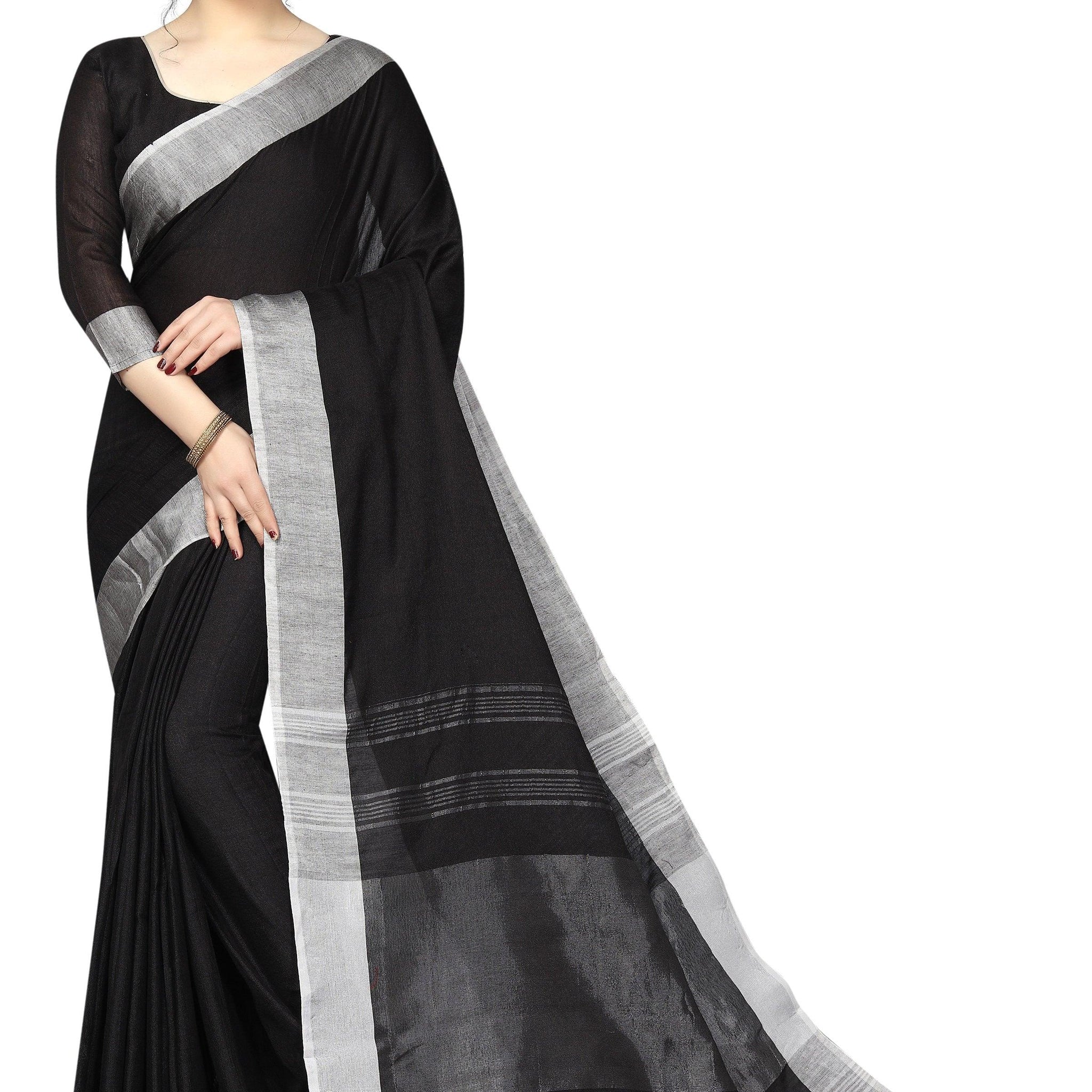 Unique  Black with Grey border  Pure Linen Designer Saree
