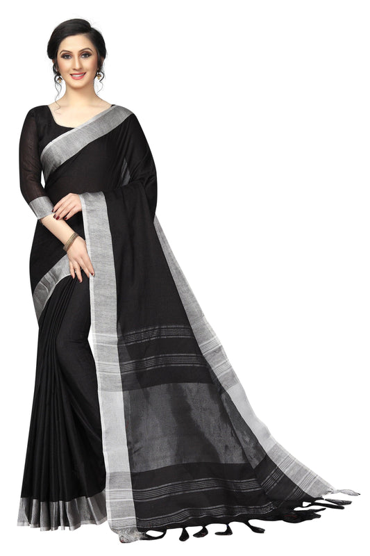 Unique Black with Grey border Pure Linen Designer Saree - Ibis Fab