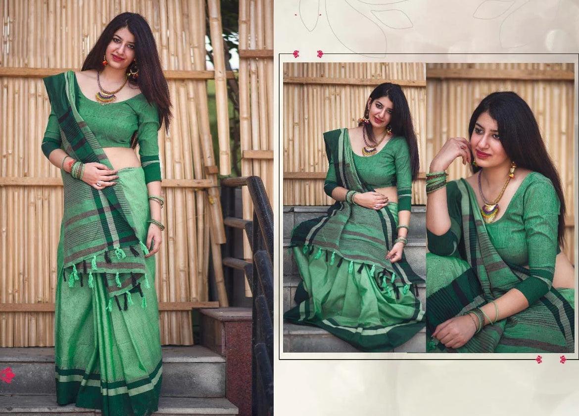 Stunning Mint Pure Linen Designer Saree - Ibis Fab