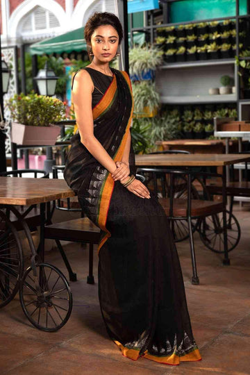 Desirable Black Pure Linen Designer Saree