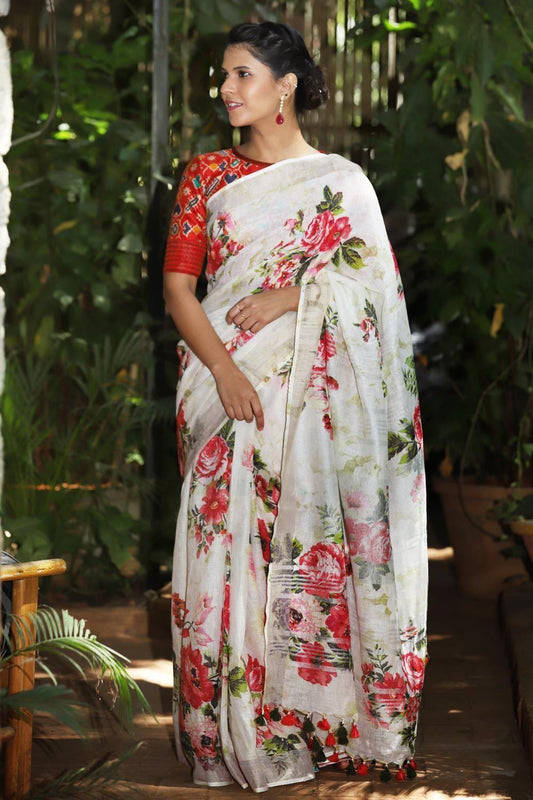 Dazzling Staring White Linen Designer Printed Saree - Ibis Fab