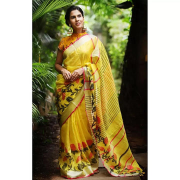 Glowing Light Yellow Colored Casual Printed  Pure Linen Saree